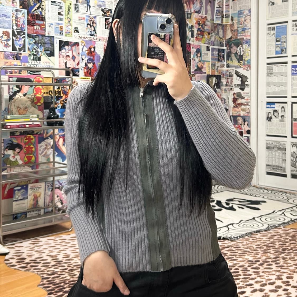 빈티지 골지 스웨이드 배색 슬림핏 니트 집업 상품이미지2