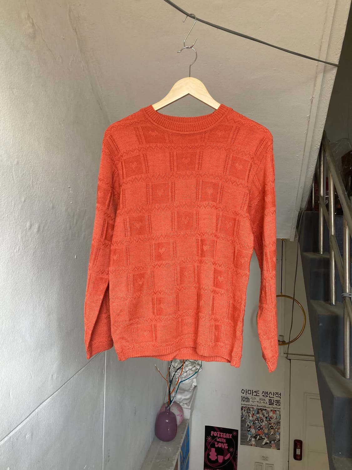 오렌지 하트무늬 코튼 니트 탑 상품이미지1