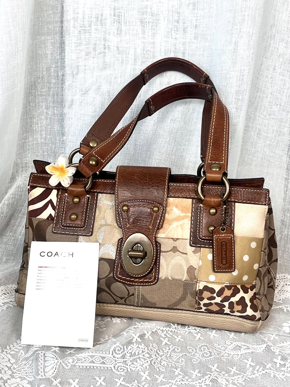 90s coach 패치워크 시그니처 호피 브라운 레더 캔버스 토트백 상품이미지2
