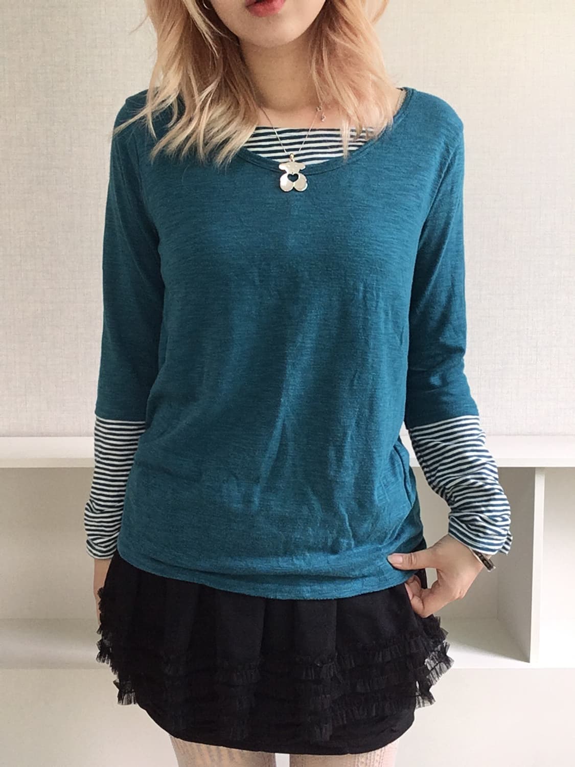 -jpn vintage bluegreen stripe shirring l 상품이미지5