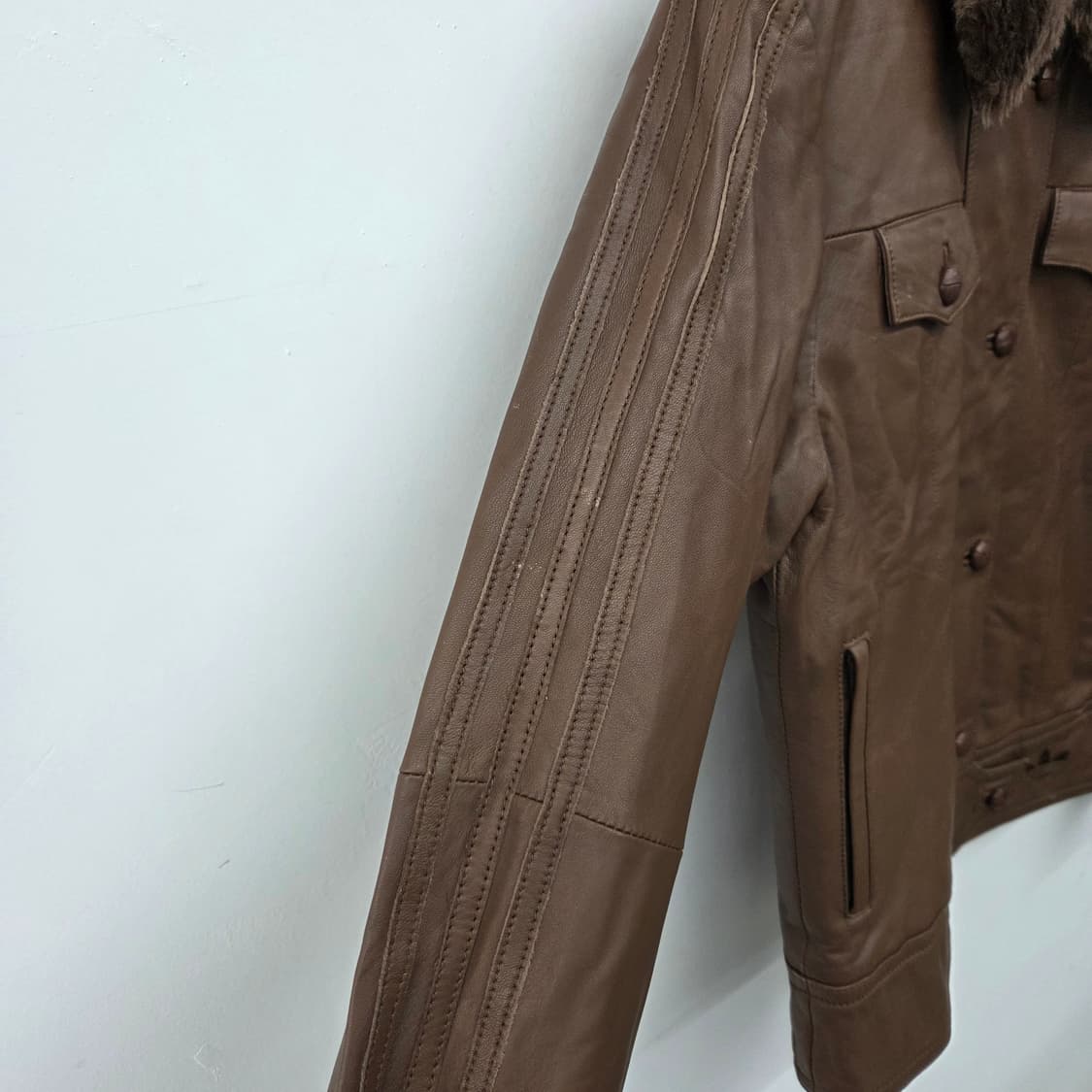 아디다스 브라운 가죽 자켓 퍼 카라 여/M 상품이미지5