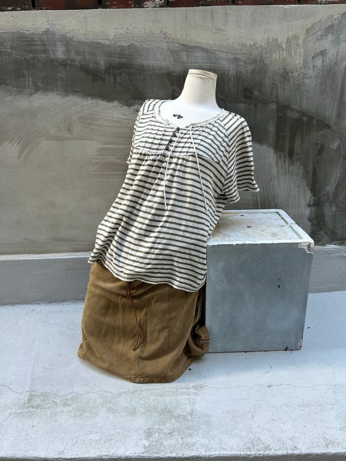 일본빈티지 모리깔 그린 스트라이프 로프 반팔티 상품이미지1