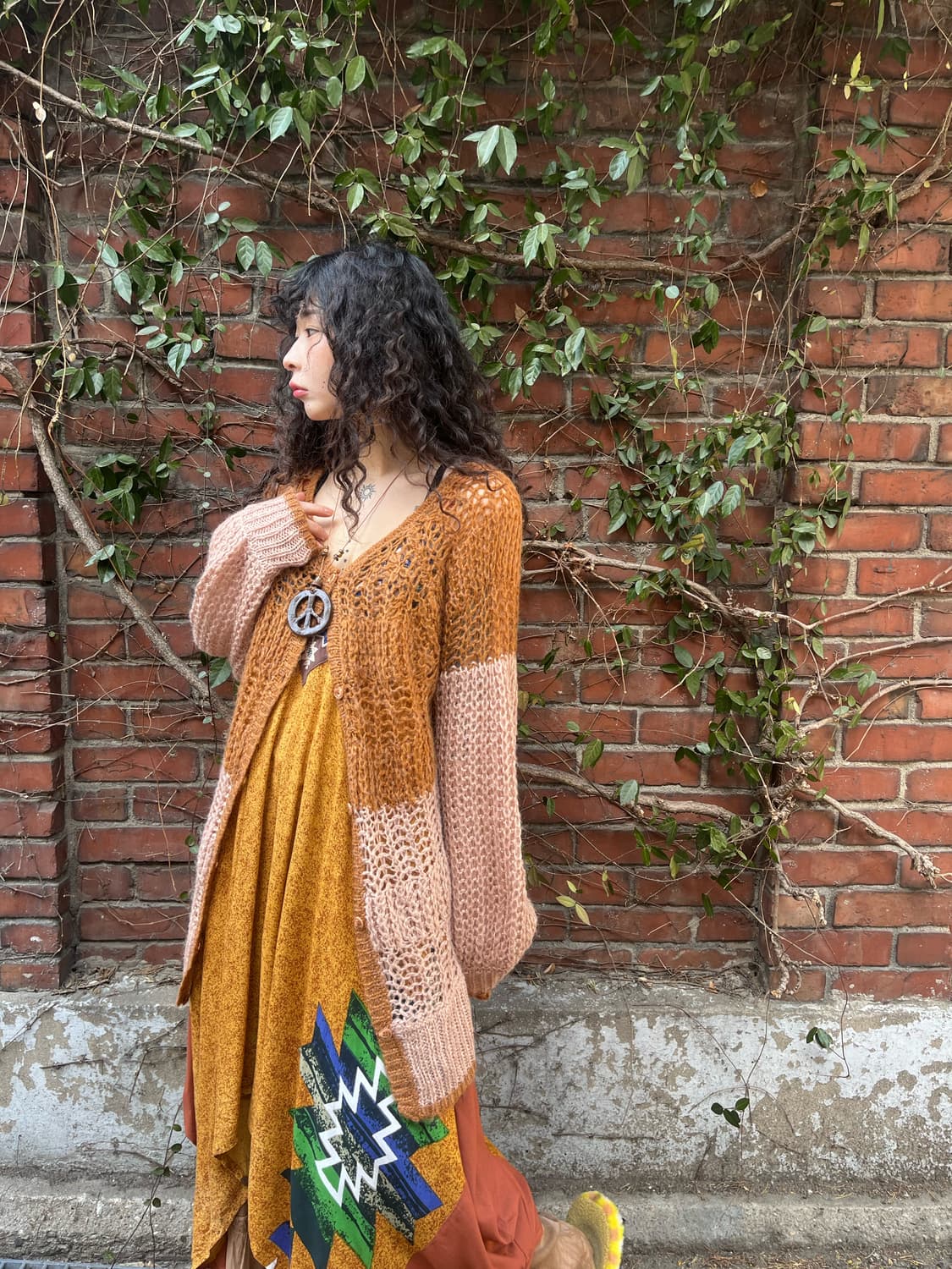 오렌지 브라운 그물 니트 가디건 상품이미지2