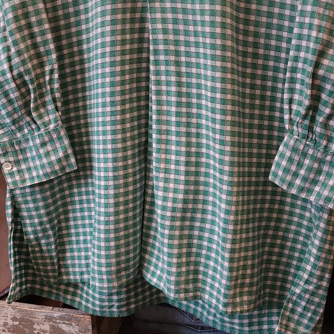 60s 프랑스 워크셔츠 가드너 빈티지 셔츠 그린 체크 롱 튜닉 셔츠 L 상품이미지9