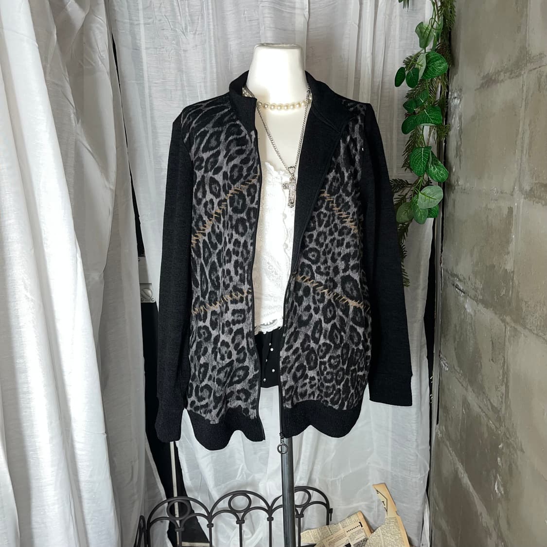 갸루 호피 니트집업 상품이미지2