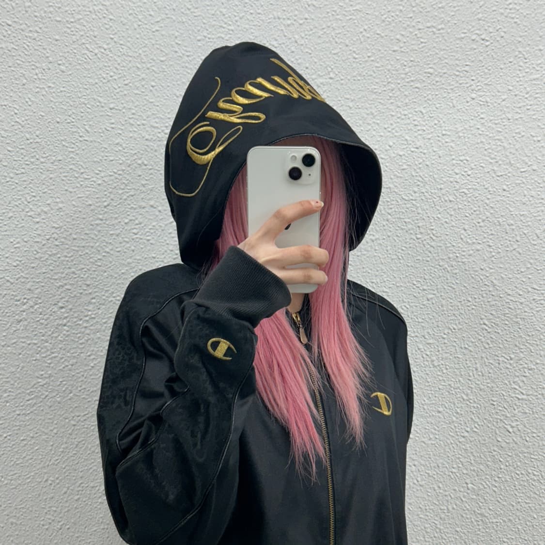 챔피언 골드 배색 호피라인 블랙 새틴 후드집업 L 상품이미지3