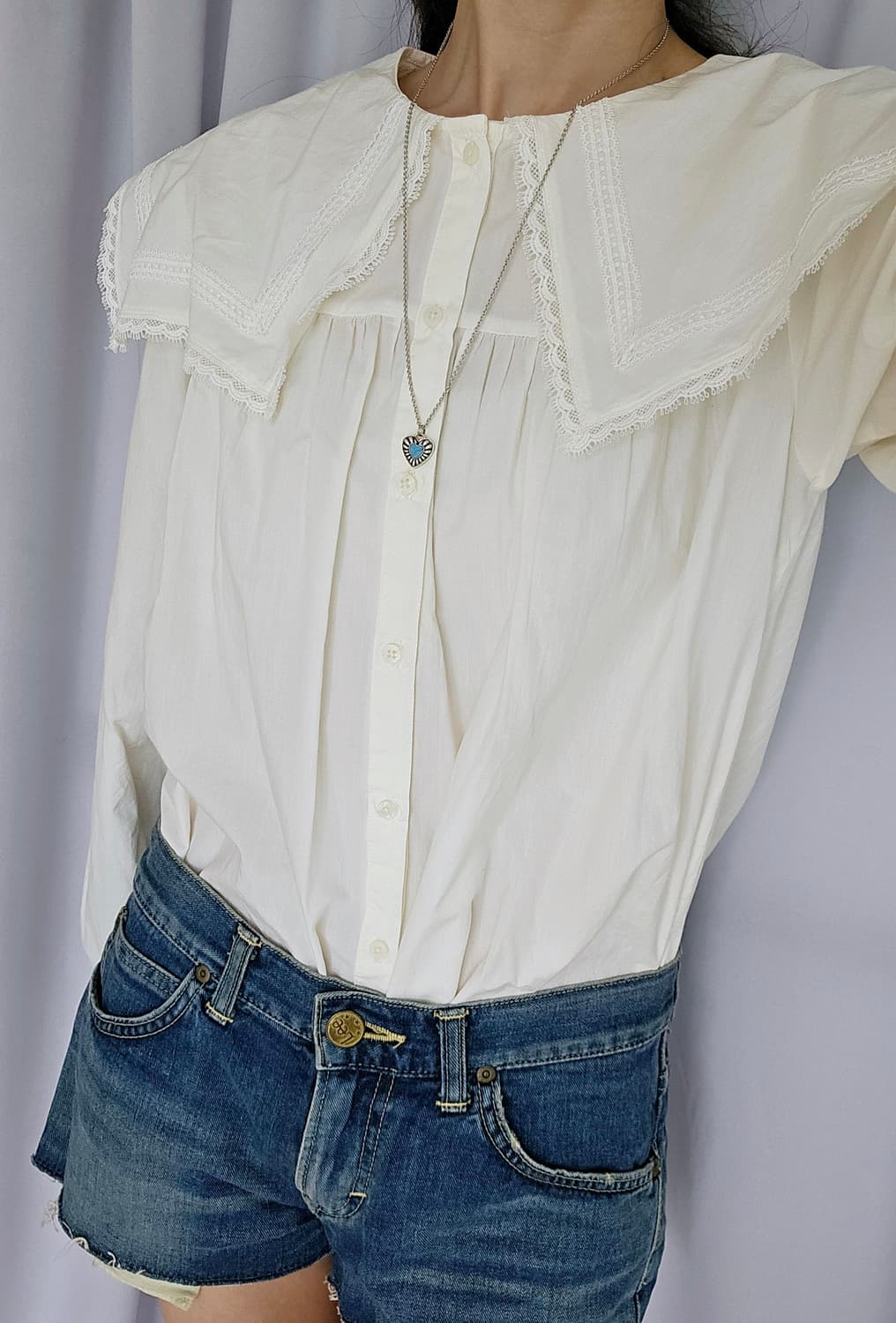 일본빈티지 ZARA 빅카라 블라우스 + Lee 데님 팬츠 세트 상품이미지1