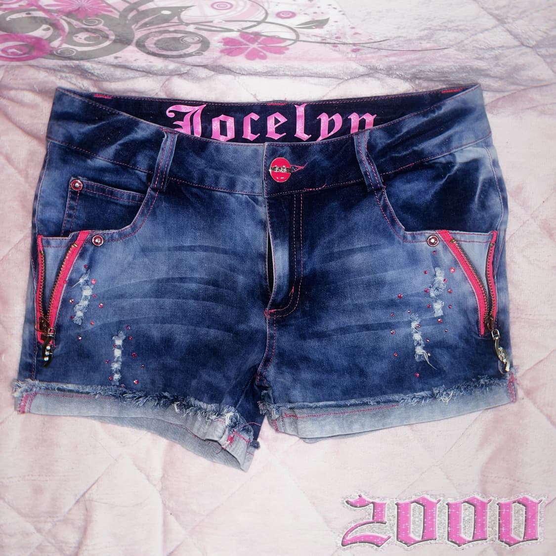 00‘s 갸루 와투케 대장템 핫핑크 지퍼 워싱 데님 숏팬츠 상품이미지1