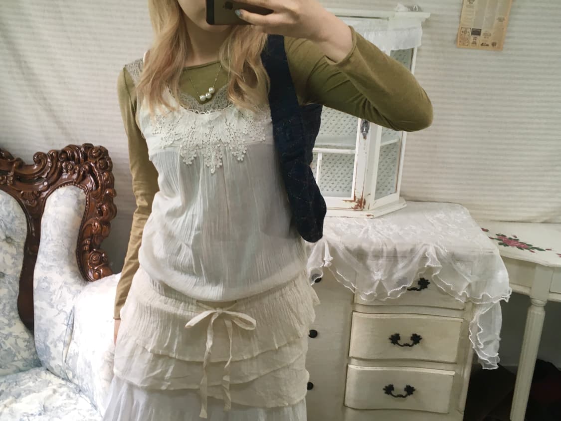 Set)카키민트 레이스나시 + 올리브롱슬리브 + 모리 레이스 원피스 상품이미지3