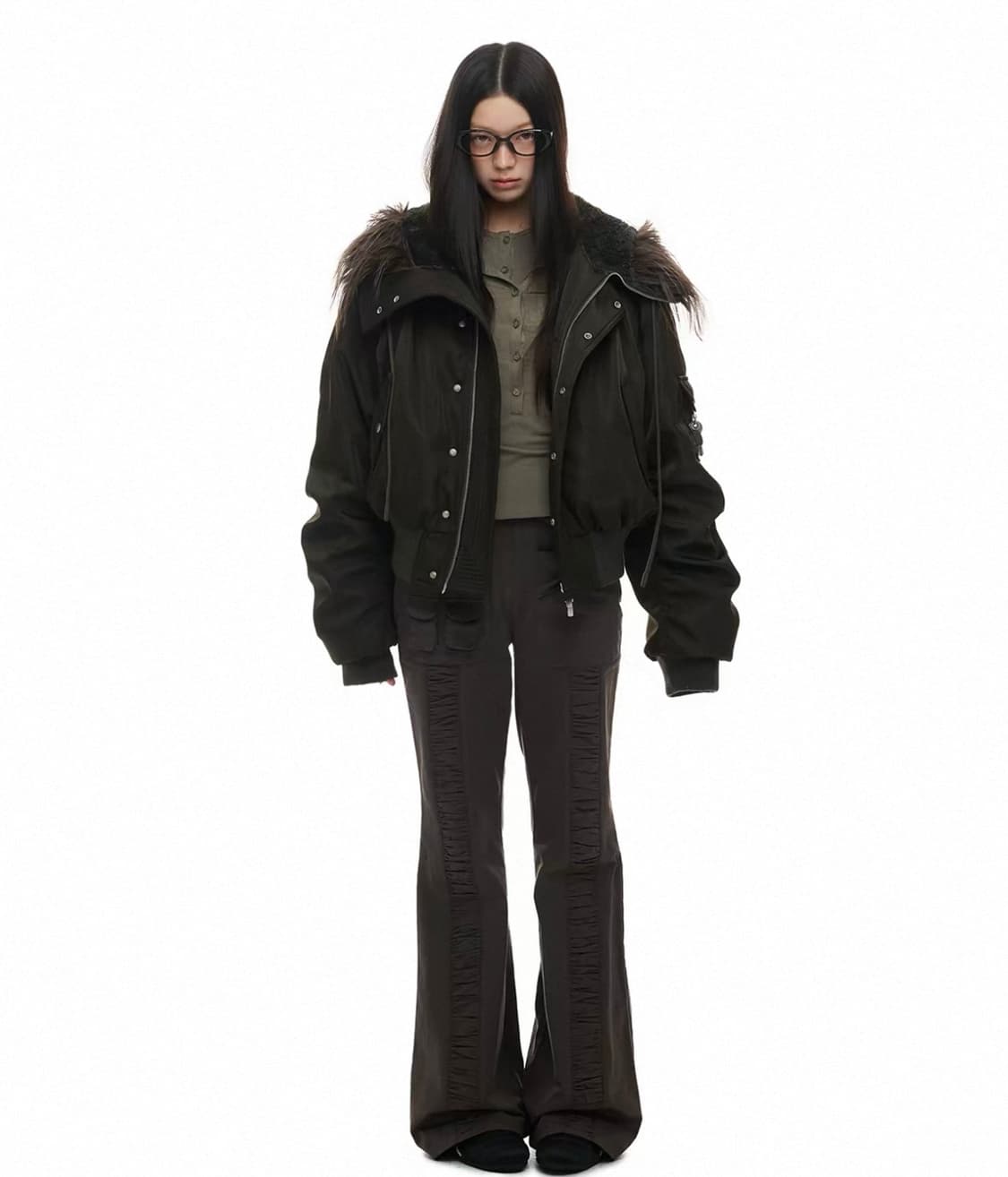 JIKOO 자켓 파일럿 퍼 칼라 다운 자켓 카키  상품이미지2