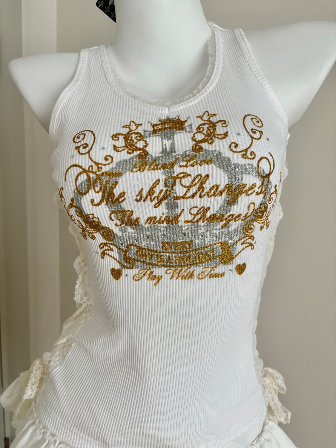 화이트 크라운 레이스업 리본 골지 슬리브리스 나시 갸루 큐빅 상품이미지3