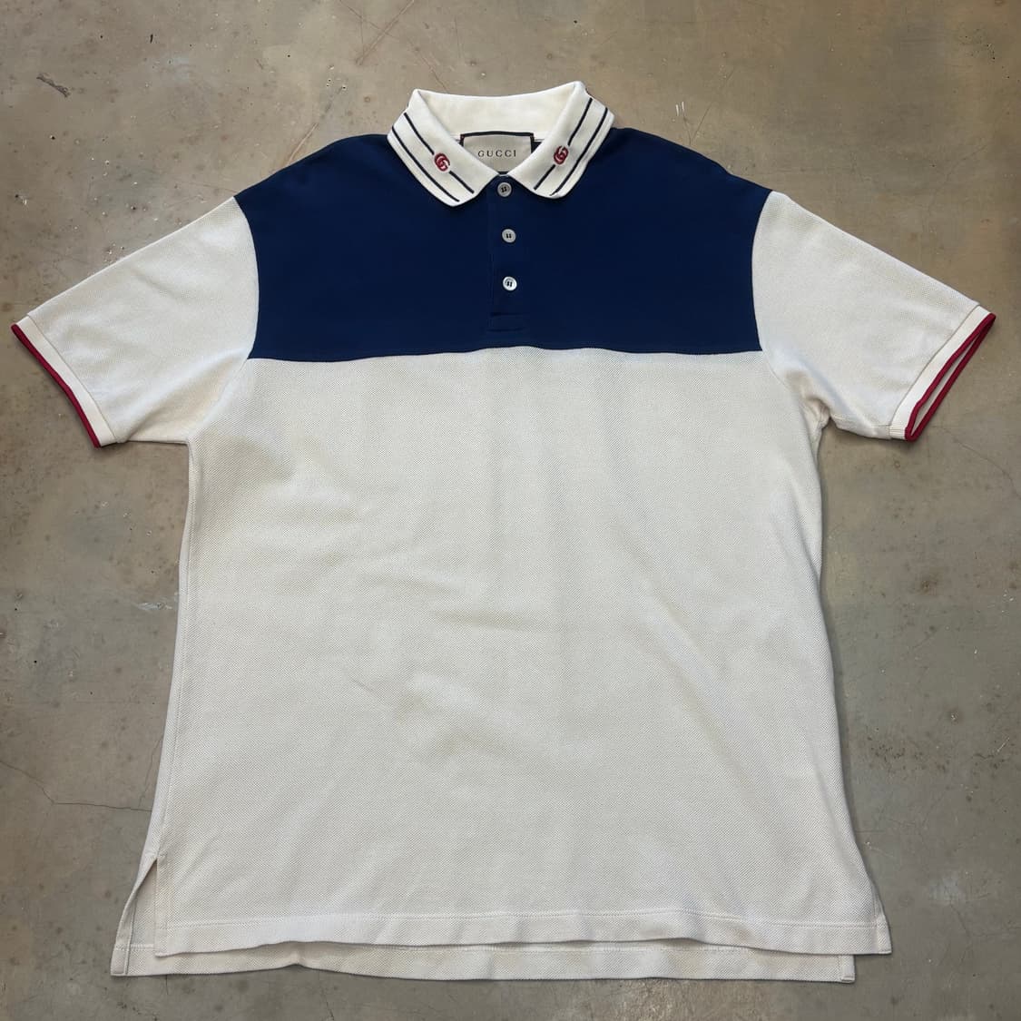 L 구찌 아이보리 네이비 배색 카라 반팔 티셔츠 상품이미지2