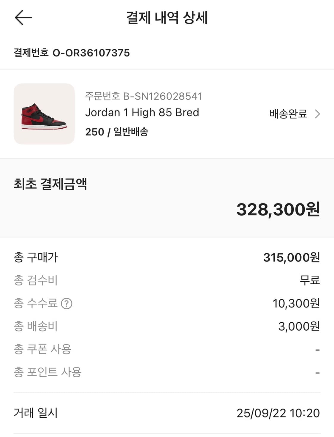 조던 1 하이 85 브레드 250 사이즈 상품이미지3