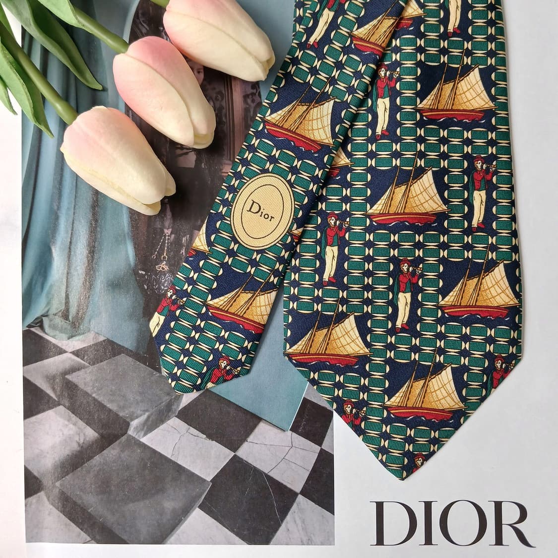 크리스찬 디올 실크 그린 배 모티브 넥타이 9.5cm A+등급 E938 상품이미지10