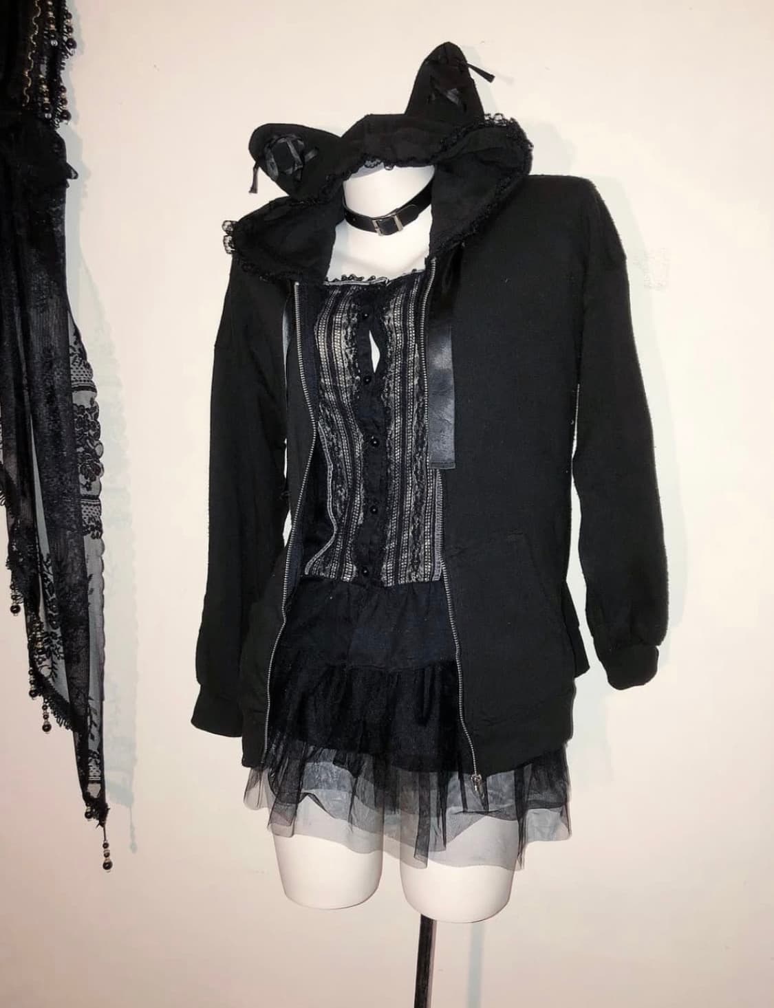 고스펑크 레이스 고양이 귀 네코 후드집업 블랙 상품이미지1