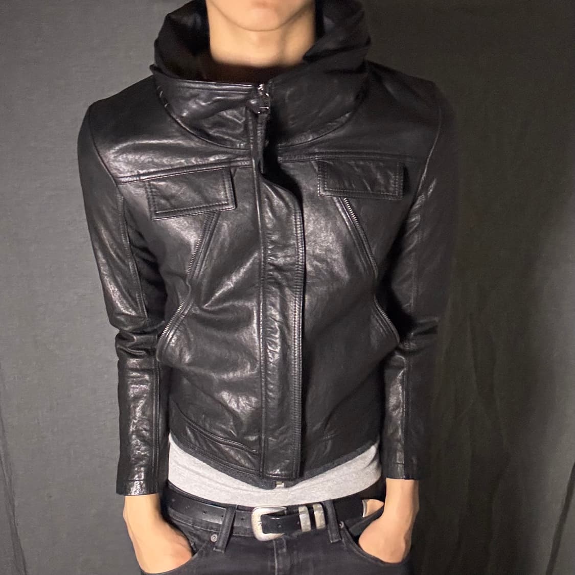 High neck lamb skin leather jacket 상품이미지4
