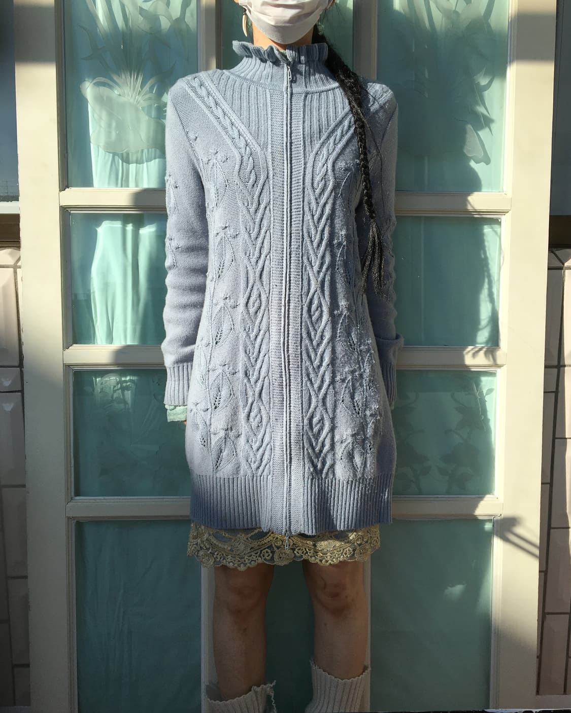 Cable pattern high neck knit zip up 상품이미지1