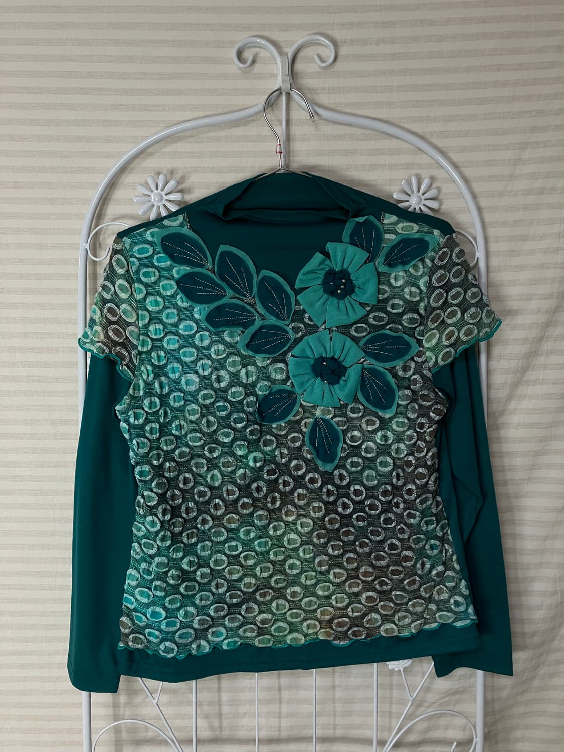 빈티지 그린 플라워 넥 블라우스 y2k 스트릿 갸루 펑키 일본빈티지663 상품이미지1