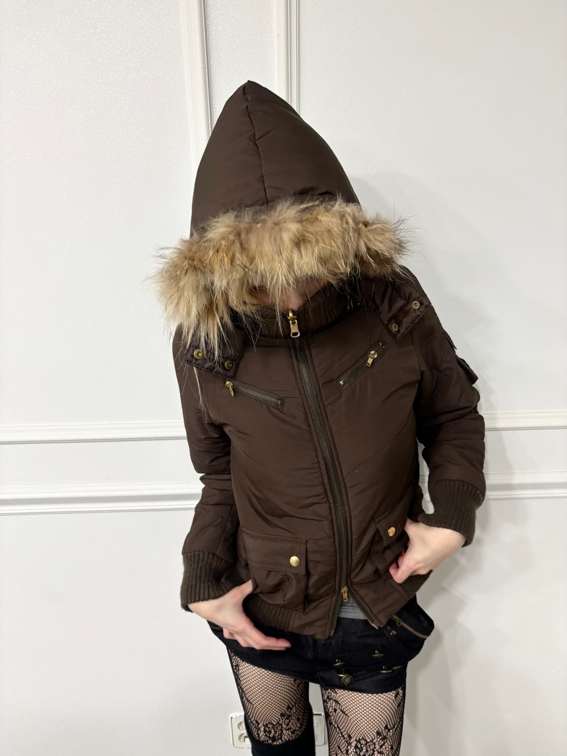 High Neck Design Multi Pocket Brown Fur  상품이미지2