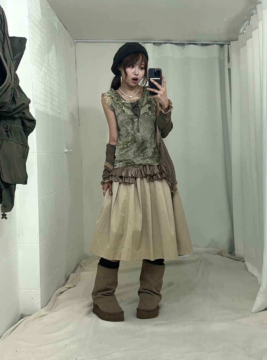 카키 그런지 히피모리 야상 코디세트 상품이미지4