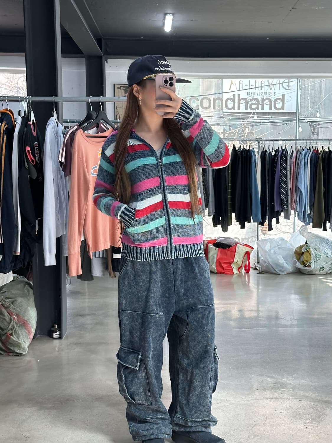 히스테릭글래머 피그먼트워시드 스트라이프 카툰 니트 후드집업 상품이미지2