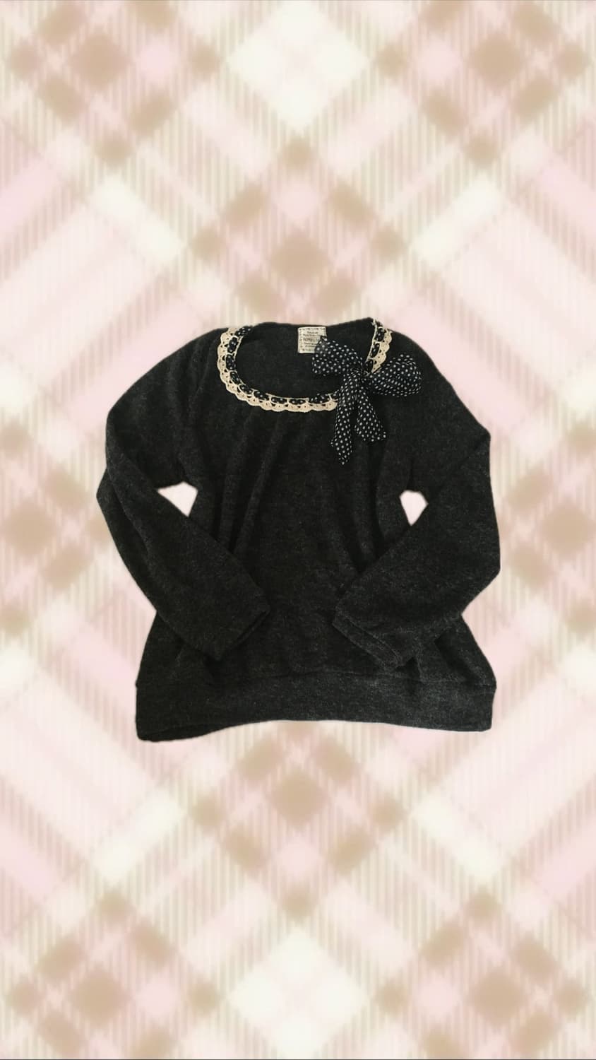 브라운 레이스 땡땡이 도트 리본 니트 라떼 히메 갸루 러블리 로걀 빈티지 상품이미지1