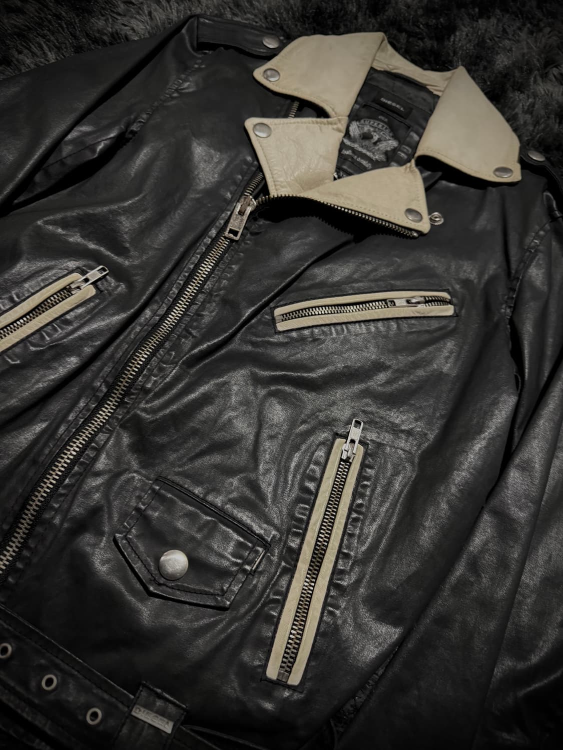 Diesel 투톤 지퍼 디테일 가죽 라이더자켓  상품이미지4