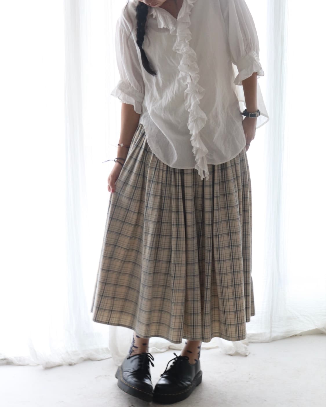 [45rpm] Blue Check Gather Flare Skirt 상품이미지4