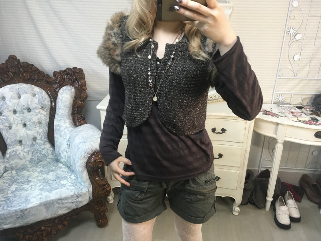 Set)브라운 퍼 글리터 가디건 + 스트라이프 롱슬리브 상품이미지2