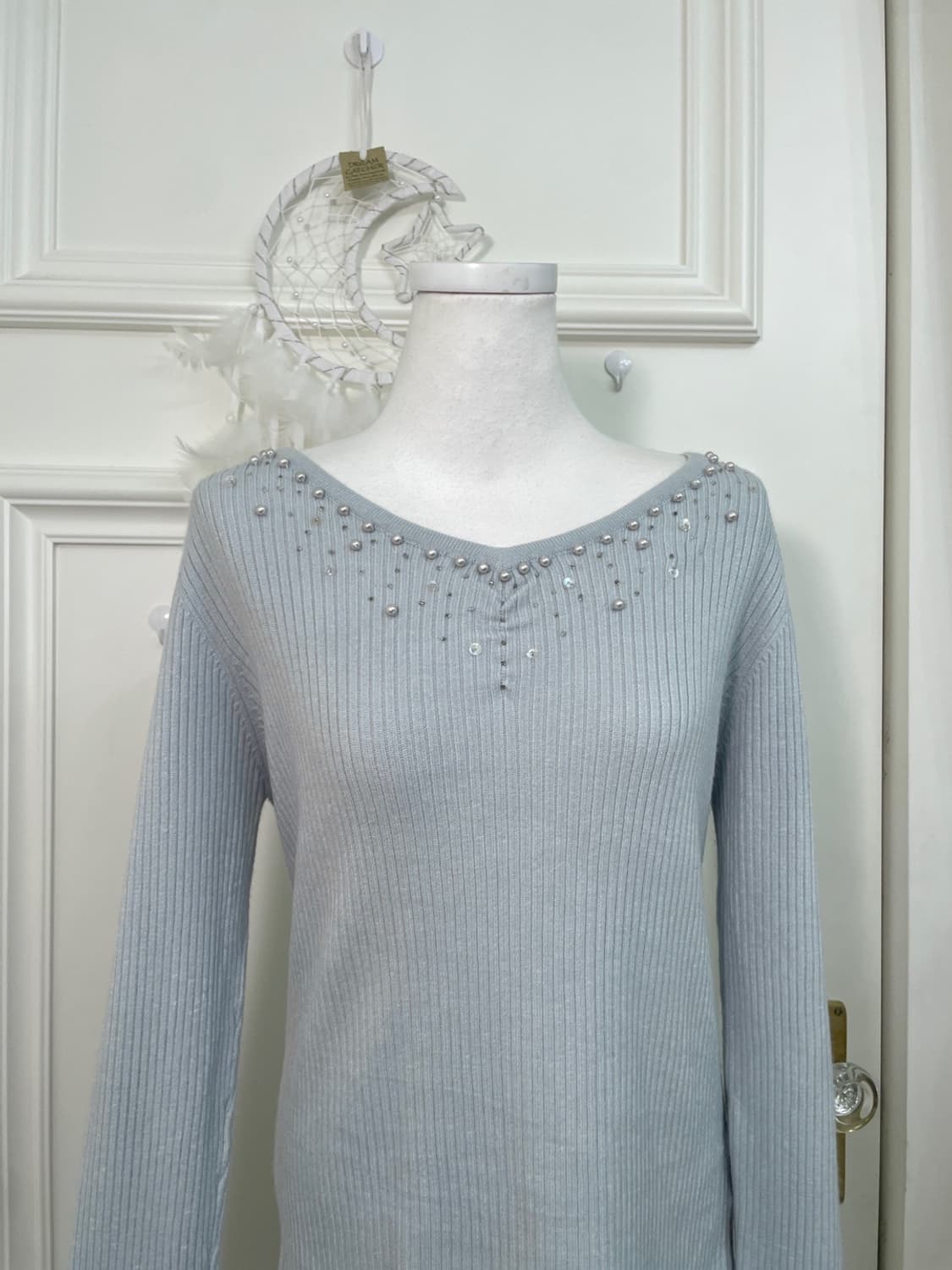 sheer mint beads point v-neck loose knit 상품이미지5