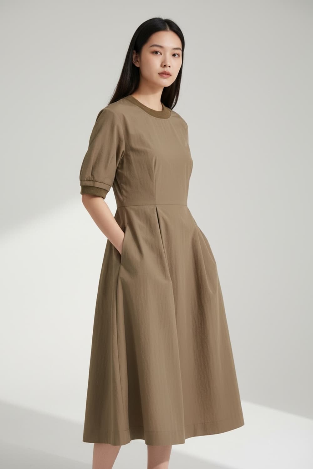 SJ SJ 라이트 브라운 반팔 A라인 플레어 롱 원피스 S 상품이미지1