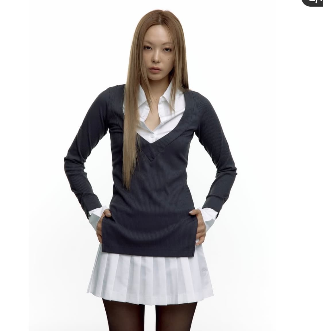 카시코 셔츠레이어드 니트스커트세트 m 차콜 상품이미지1