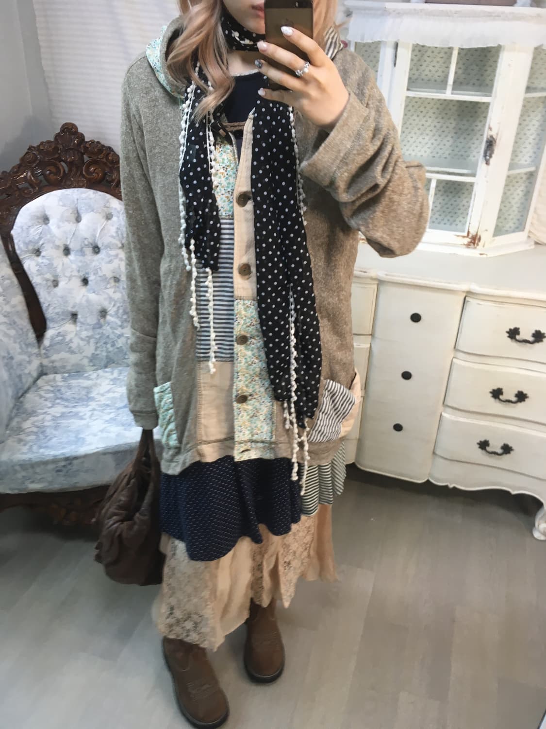 일본빈티지 하구미 모리 패치워크 후드 가디건 상품이미지3