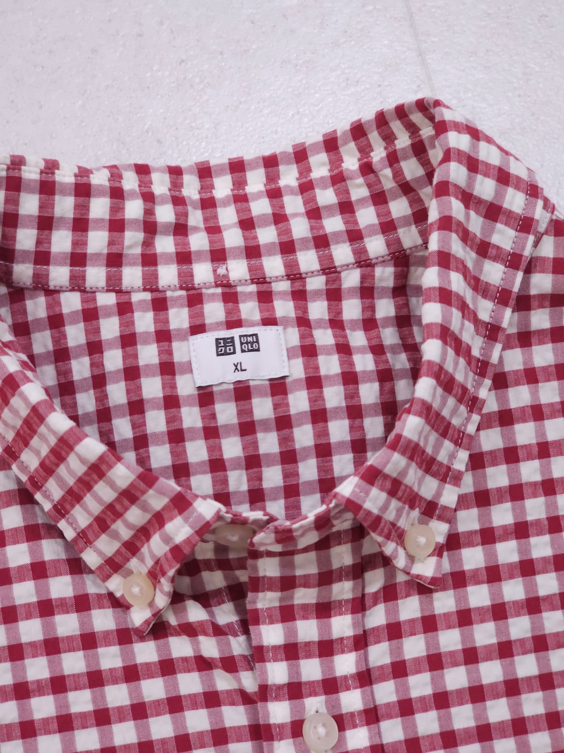 [XL] 유니클로 레드 컬러 체크 코튼 블렌드 반팔 버튼다운 셔츠 상품이미지3