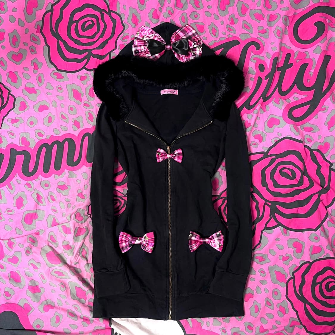 MA*RS마즈 블랙핑크 로즈체크 리본 퍼 후드집업 히메오네갸루 핀터109 상품이미지2