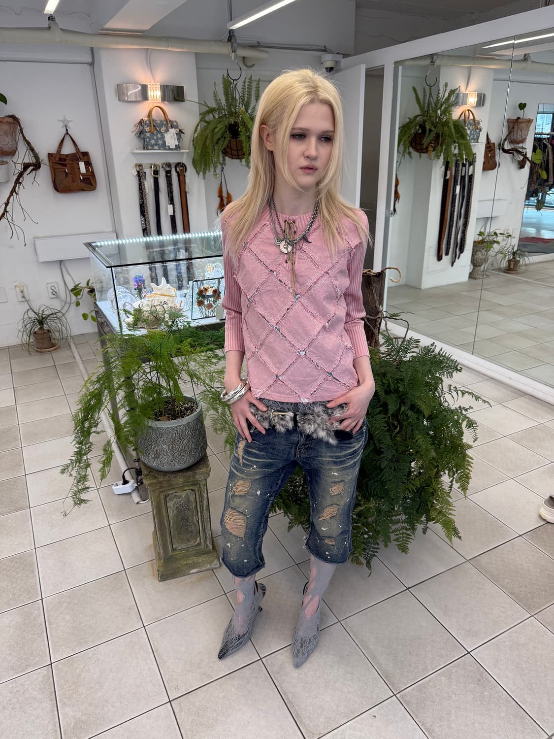 patchwork lace up top 상품이미지1