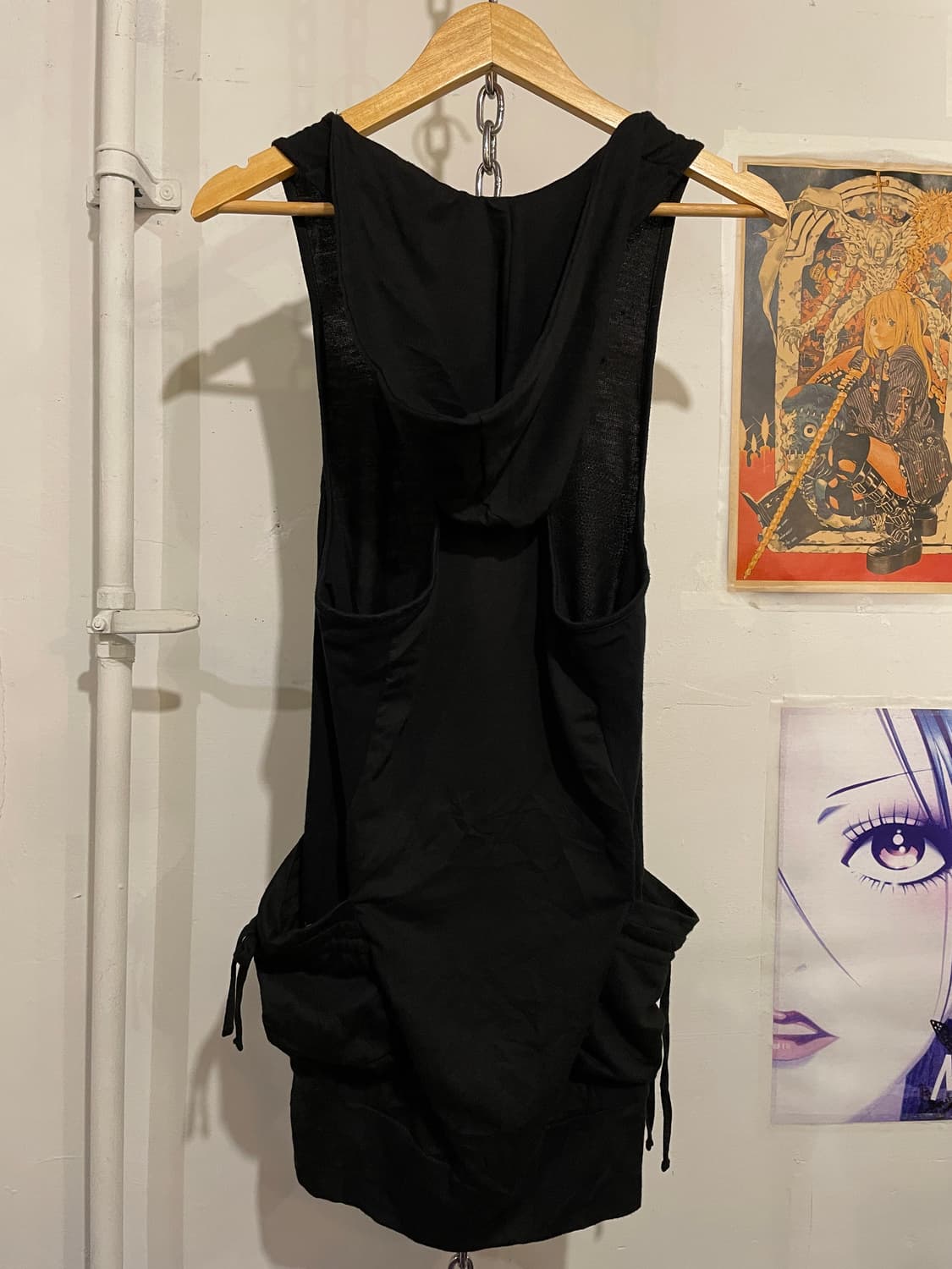 mkr 해골 스터드 레터링 포켓 블랙 후드 나시 원피스 펑크 상품이미지6