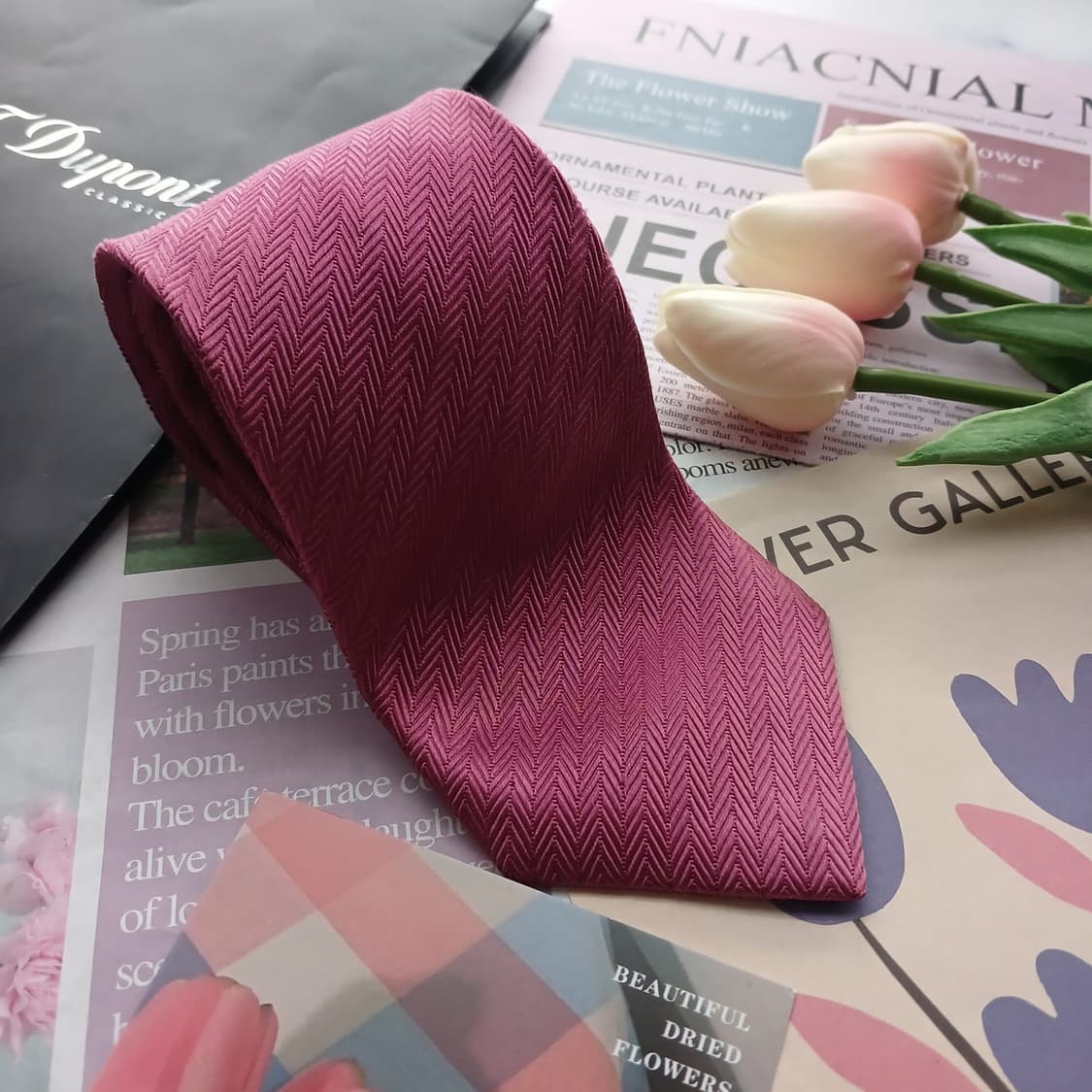 에스 티 듀퐁 실크 다크핑크 헤링본 넥타이 8.4cm A등급 A18712 상품이미지2