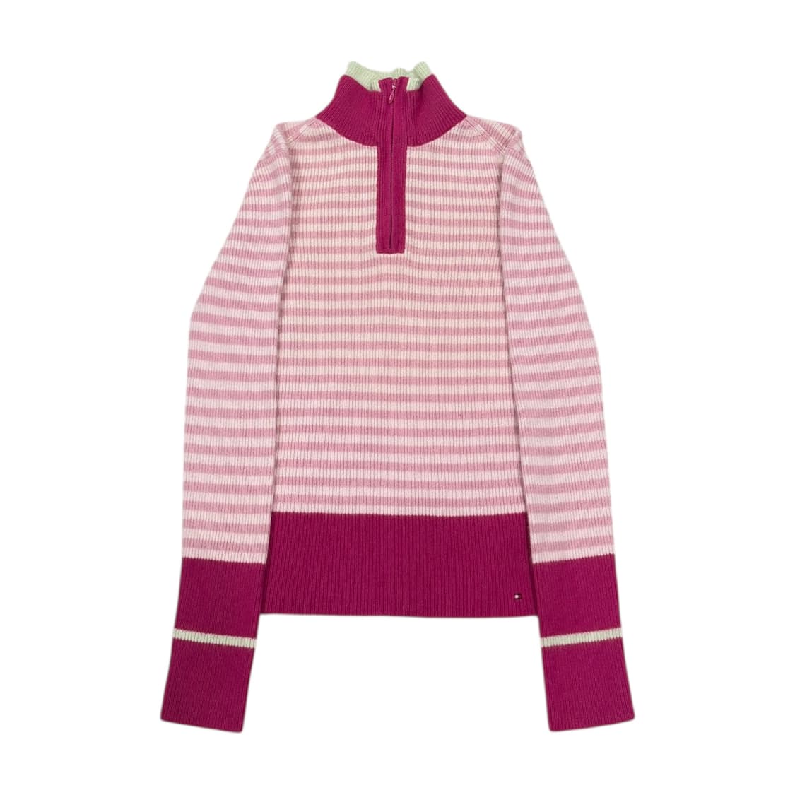 타미힐피거 빈티지 딱붙핏 스트라이프 핑크 울 니트 하프집업 XS 상품이미지1