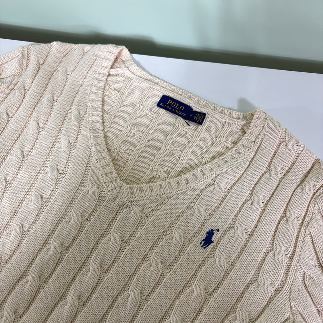 우먼M 폴로 랄프로렌 아이보리 브이넥 꽈배기니트 상품이미지2