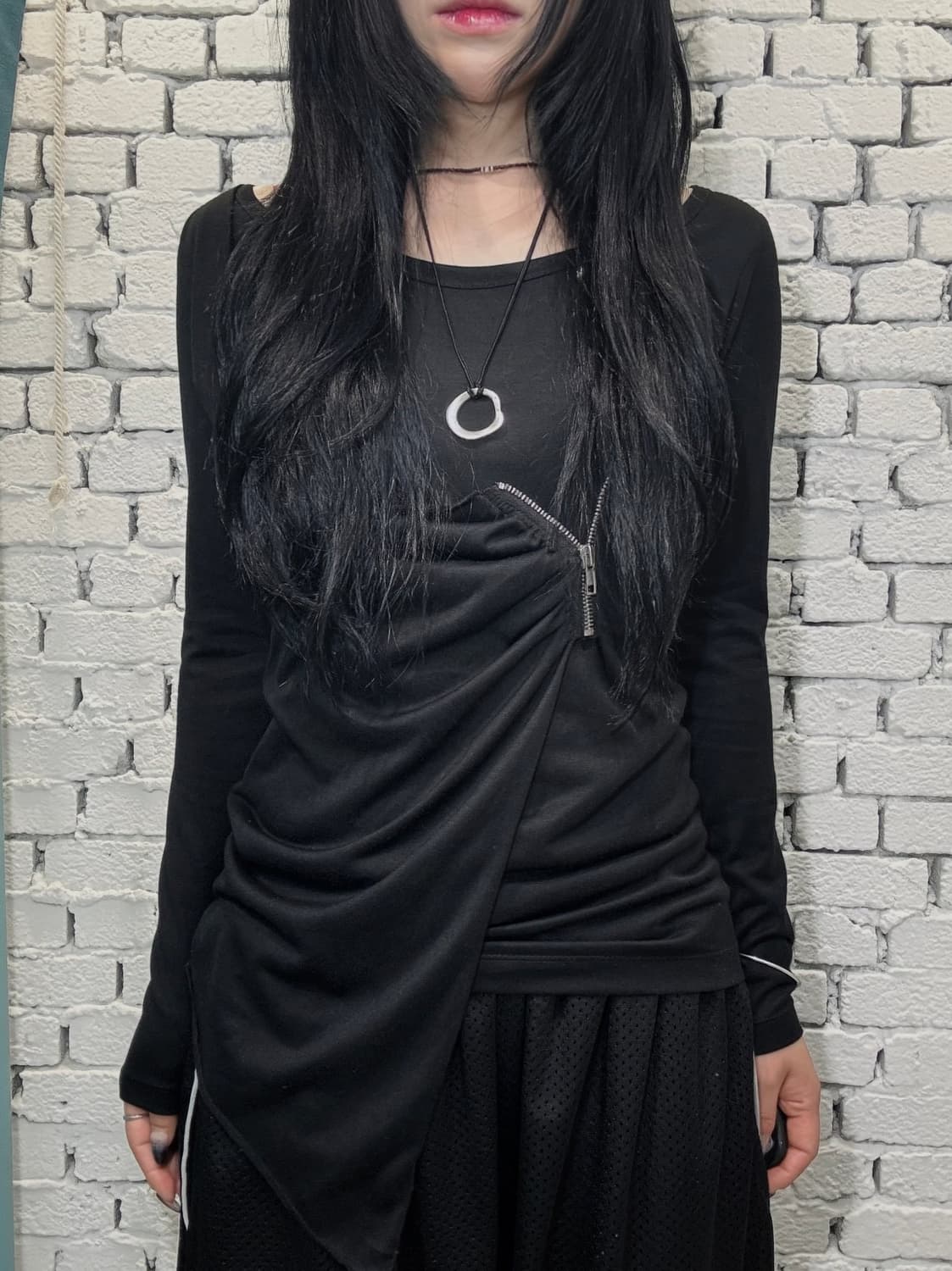 Asymmetric Zip Shirring Long Sleeve Top 상품이미지1