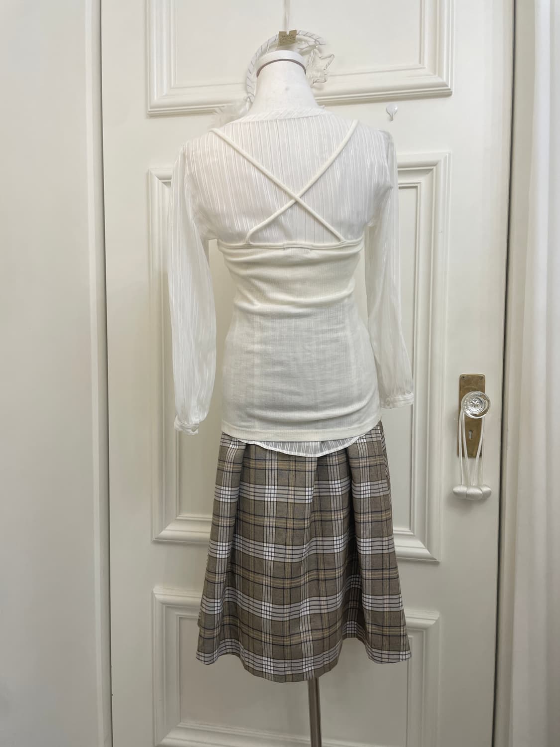 beige brown check pleats banding skirt 상품이미지10