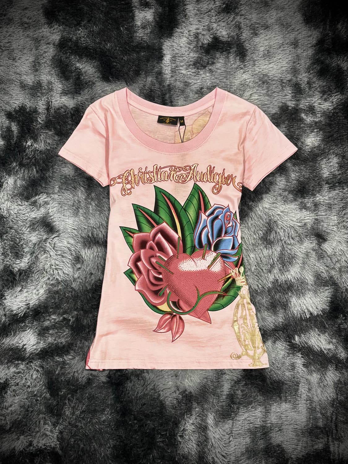 Christian Audigier 핑크 올드스쿨 프린팅 큐빅 반팔 티셔츠 상품이미지1