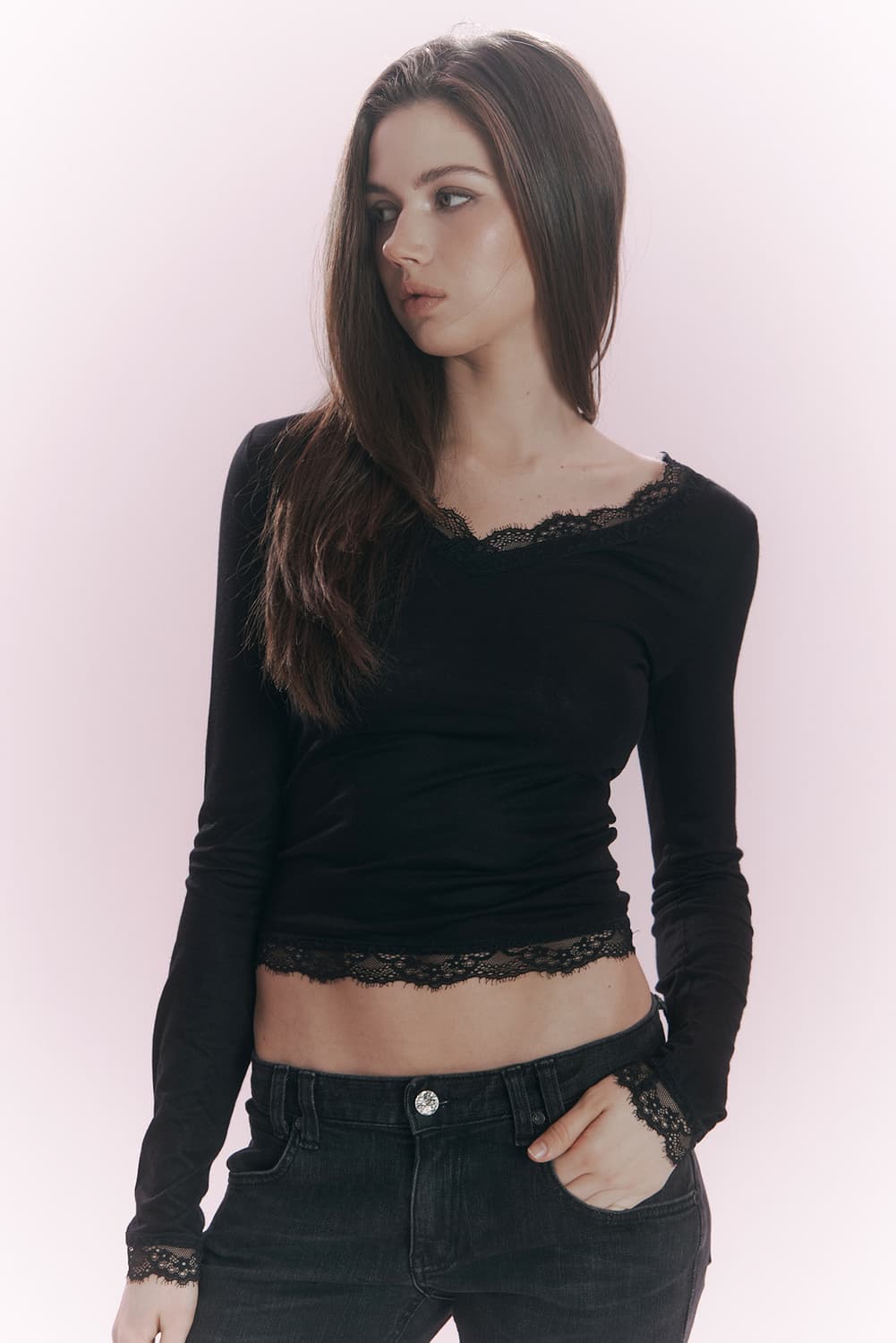 플리즈노팔로우 카네 레이스 롱 슬리브 탑 블랙 상품이미지2