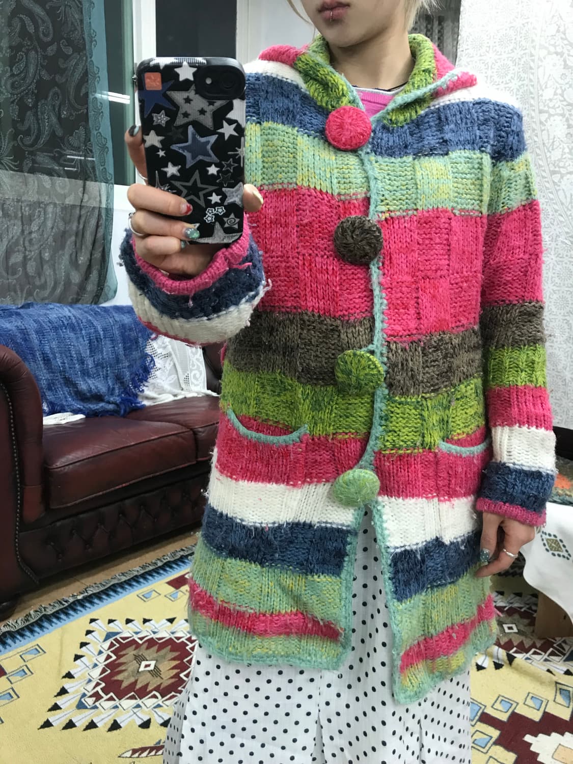 빈티지 왕버튼 스트라이프 니트 후드 가디건  상품이미지1