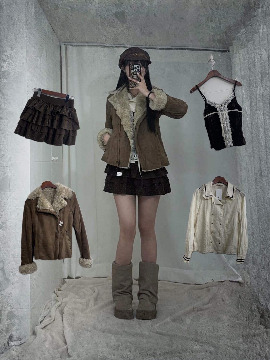플레이보이 브라운 데일리 러블리 니혼진 프레피 무스탕 코디세트  상품이미지1