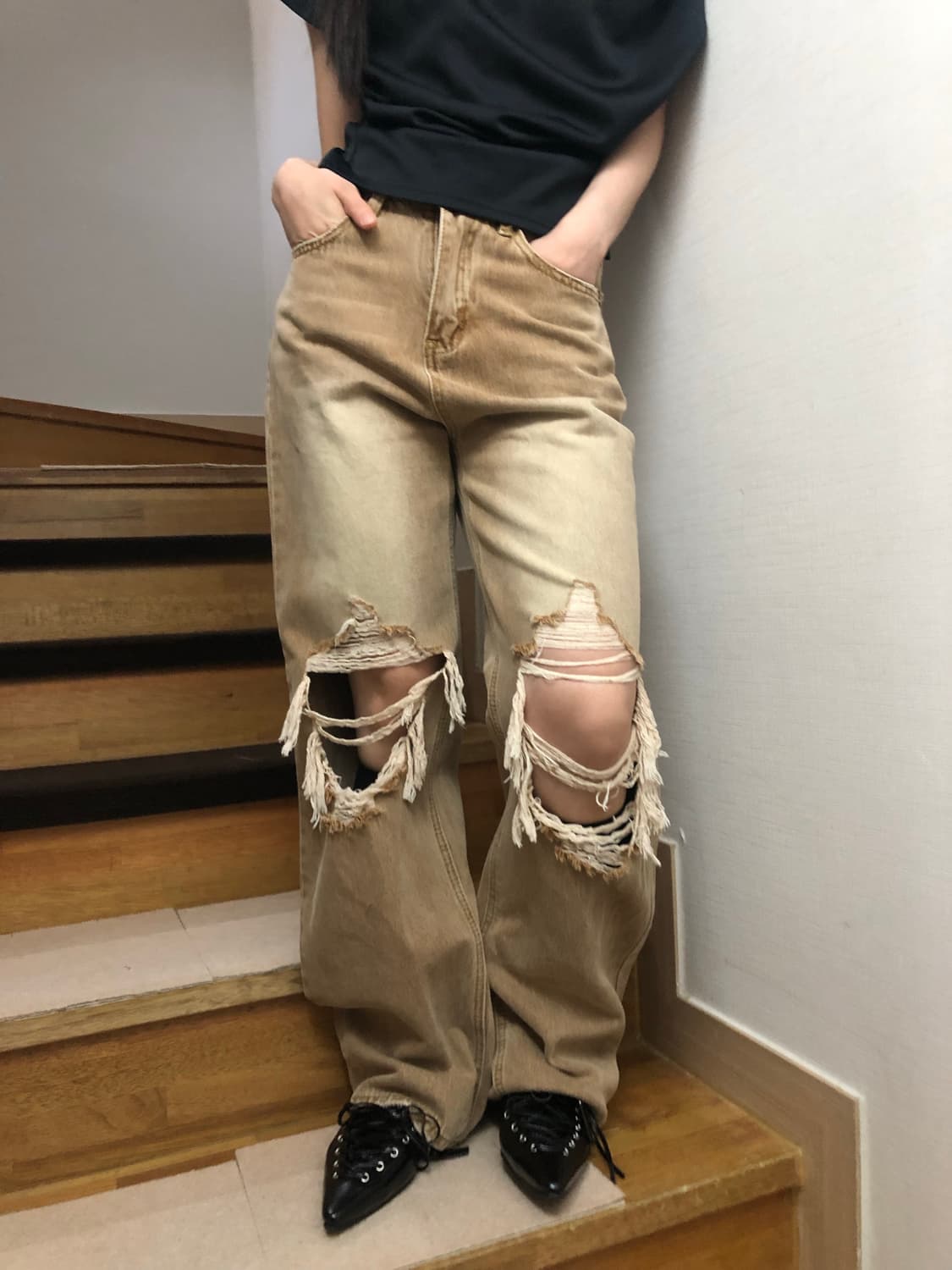 빈티지 브라운 데님 워싱 디스트로이드 진 상품이미지4