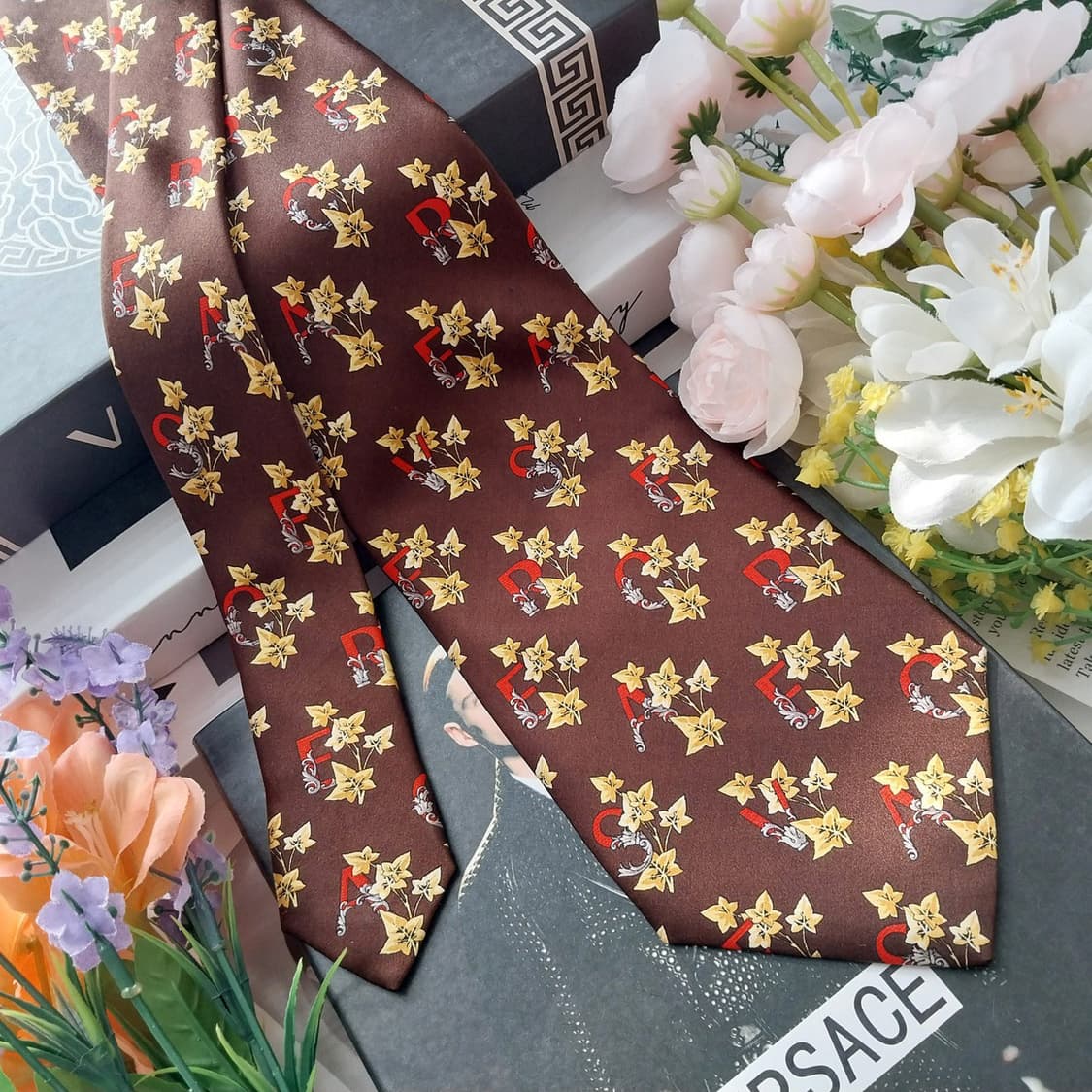 베르사체 실크 브라운 플라워 패턴 넥타이 9.7cm A+등급  K1262 상품이미지2