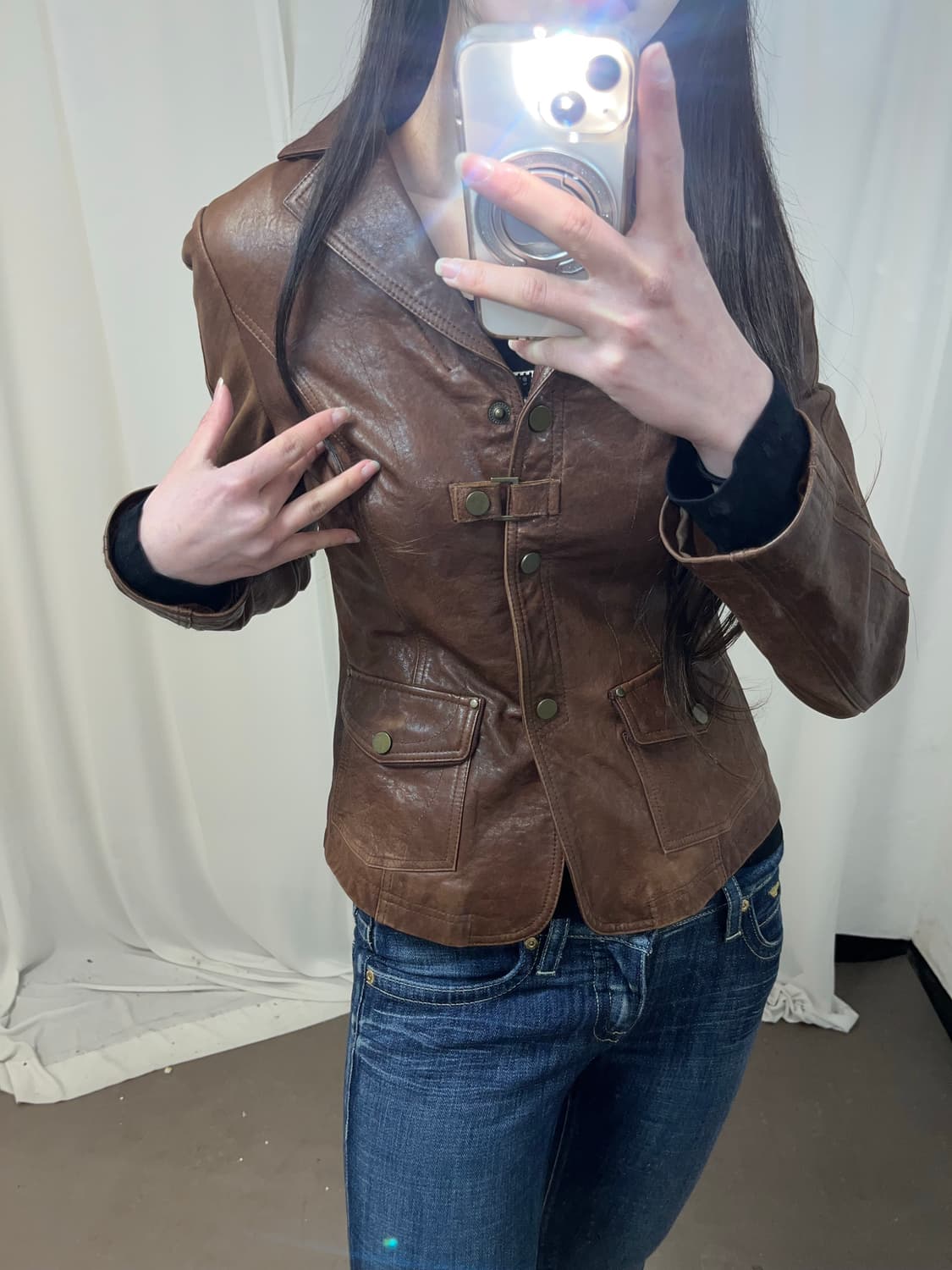 브라운 램스킨 버튼 기믹 레더 자켓 상품이미지4