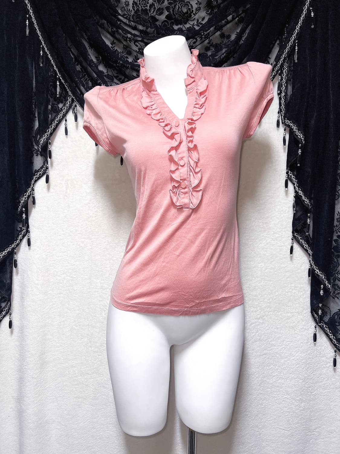 코랄핑크 프릴 반팔 블라우스 로걀탑 로맨틱갸루 히메 러블리 너드 모리 상품이미지6